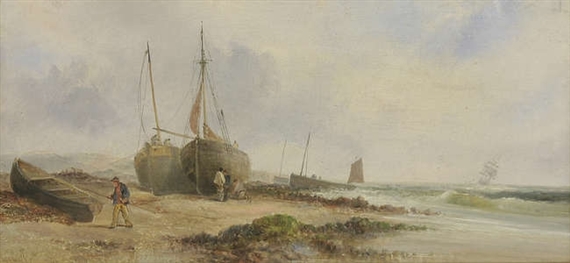 Two works: Coastal scenes with figures and beached fishing boats by William Archibald Wall
