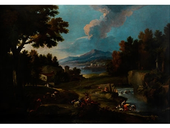 LARGE LANDSCAPE WITH RIVER, FIGURES  AND BUILDINGS IN FRONT OF A LAKE  IN THE BACKGROUND - Marco Ricci