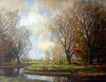 Cattle Grazing by a Riverside - A.M. Cortez