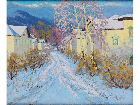 VERSCHNEITE DORFSTRASSE IN DEN BERGEN by Dimitry Motov, 2004