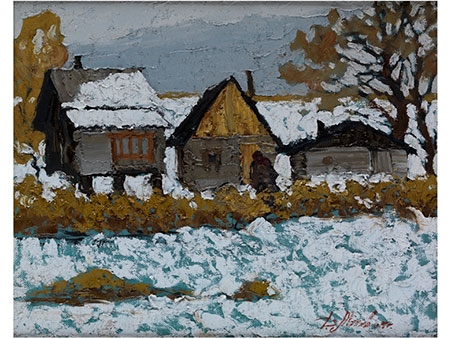 Russische Badehäuser in verschneiter Landschaft by Dimitry Motov