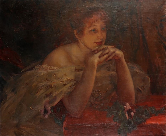 A portrait study of a lady seated at a table resting her head on her hands by Charles Hermans