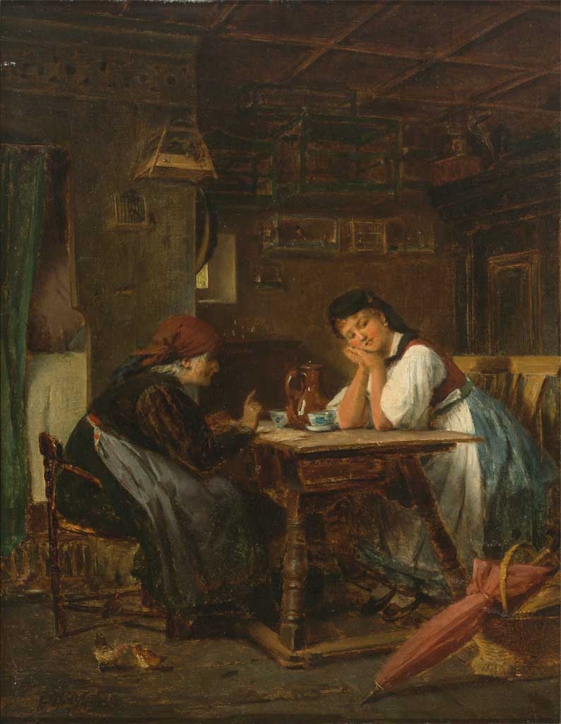 Junge Frau in Tracht wird von einer alten Kartenlegerin in malerischer Stube beraten by Heinrich Ewers