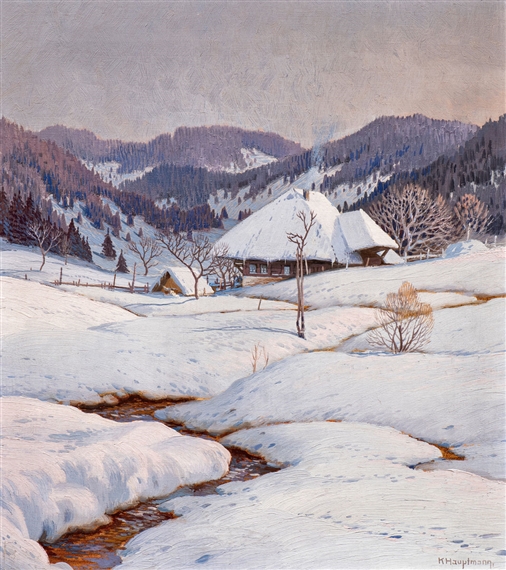 Black Forest house in an evening setting winter landscape by Karl Hauptmann