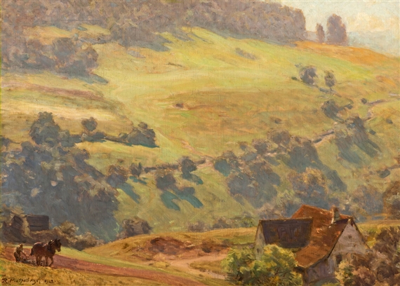 Low mountain landscape with ploughing farmer by Robert Poetzelberger, 1922