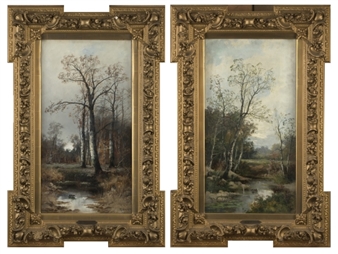 Two works of a wooded landscape with pond - R. Ducat