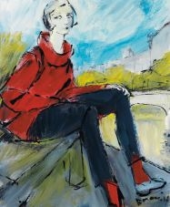 A seated figure in a red top and dark pants against a bright, abstract background.