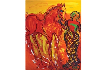 A dynamic painting of a horse and rider in a fiery, abstract landscape.