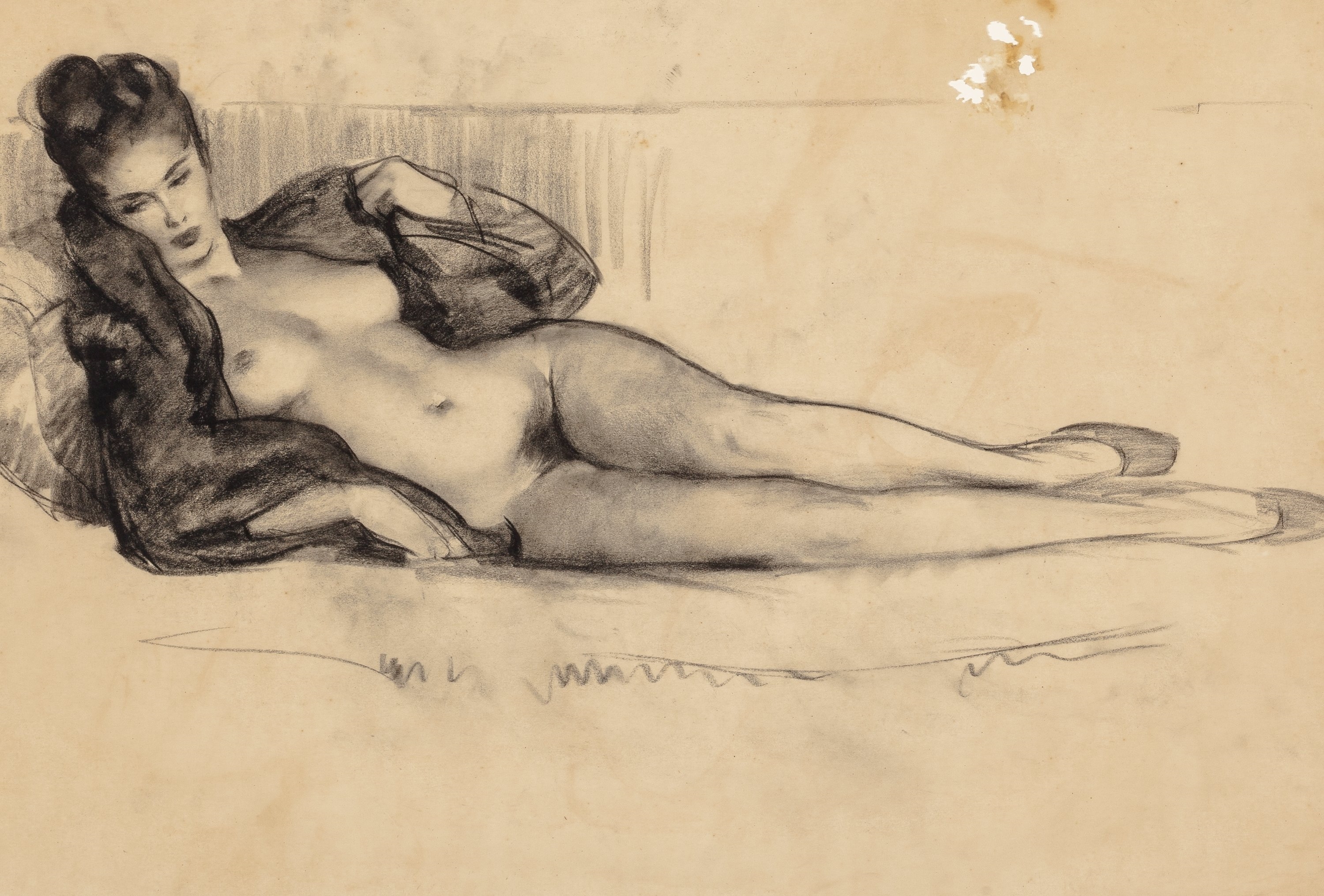 Artwork by Gil Elvgren, Lounging Nude Preliminary, Made of Charcoal on Vell...