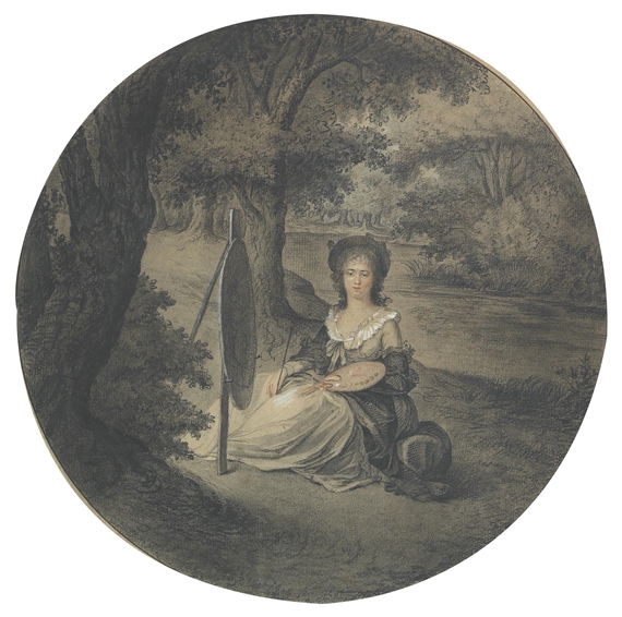 Self-portrait with easel and palette of the artist, seated in a park landscape by Virginie Augeron, 1926