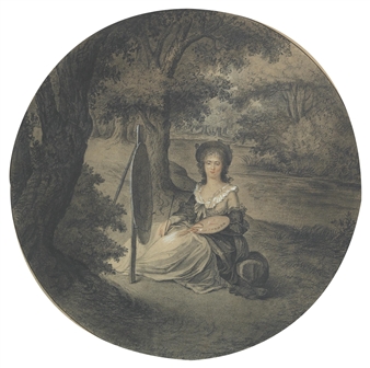 Self-portrait with easel and palette of the artist, seated in a park landscape - Virginie Augeron