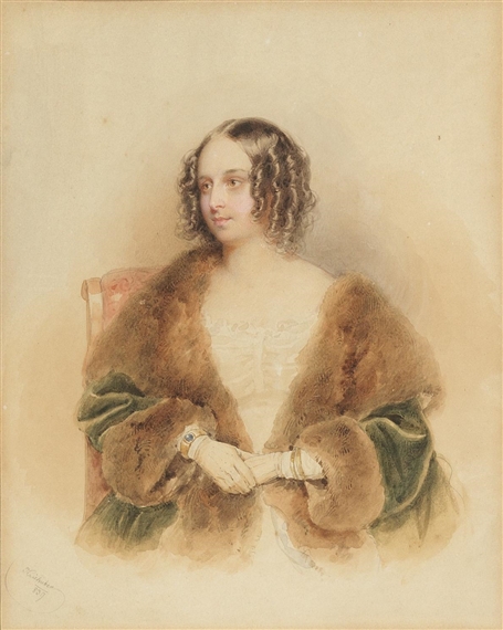 Portrait of a young lady in a green velvet fur trimmed coat