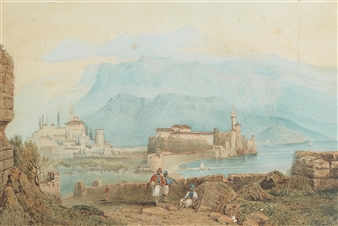 2 works: The harbour of Antalia (?), the Taurus mountains in the background and another view of a harbour of the Ottoman empire - Monogrammist T.H.