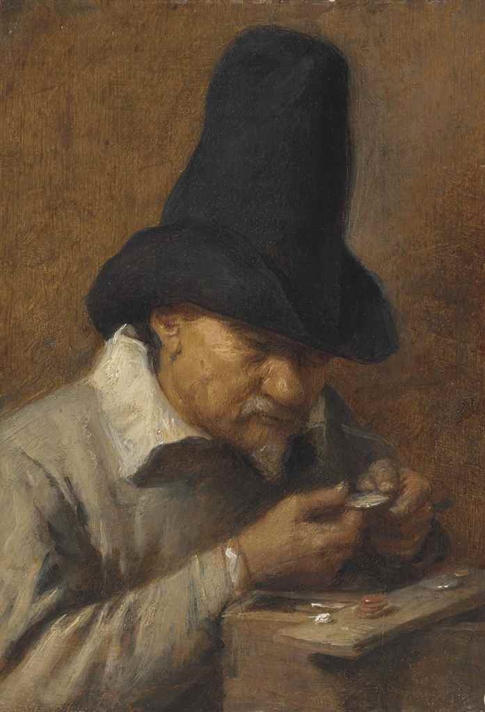 Avarice: an old man counting money by Adriaen Brouwer