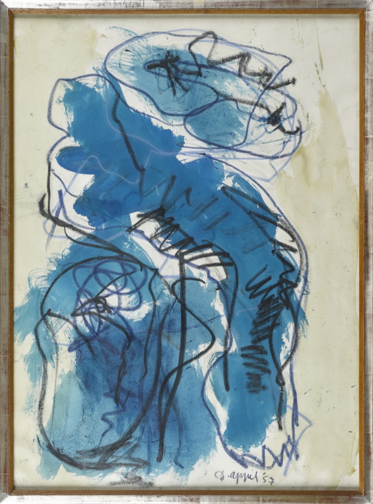 Karel Appel | Abstract blue figure with black lines (1957) | MutualArt