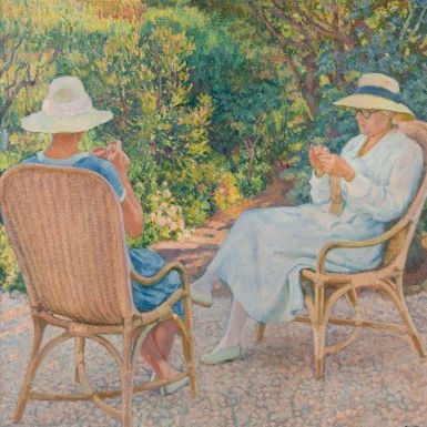 Marie et Elisabeth Van Rysselberghe tricotant au jardin du Lavandou by Théo van Rysselberghe, Circa 1912.