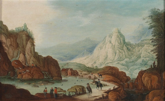A mountainous river landscape with horsemen by Tobias Verhaecht
