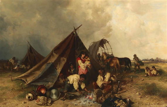 Hungarian Shepherds and Gypsies Resting in the Evening by Pal Böhm