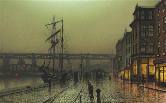 The Two Bridges, Newcastle at Night by Louis Hubbard Grimshaw, 1894