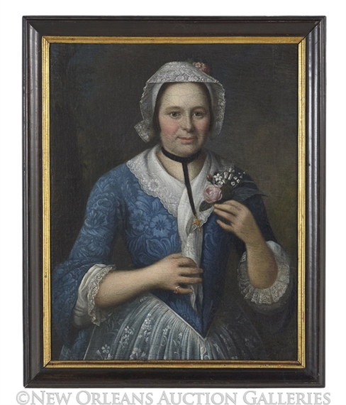 Portrait of a Lady in Blue, Wearing a Lace Cap and Holding a Sprig of Flowers by German School, 18th Century, 1754