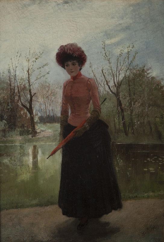 Artwork by Józef Wodziński, Elegant Lady in a Park, Made of oil on canvas