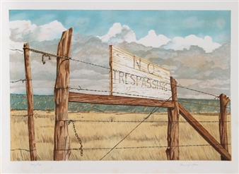 A rustic barbed wire fence with a wooden sign reading 'No Trespassing' stands in a dry field under a cloudy sky.