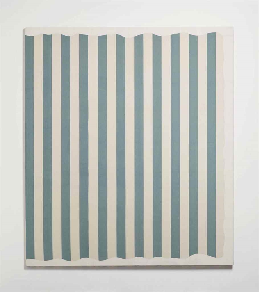 Artwork by Daniel Buren, Peinture aux formes variables, Made of painting on cotton fabric woven with white and green stripes, alternating and vertical