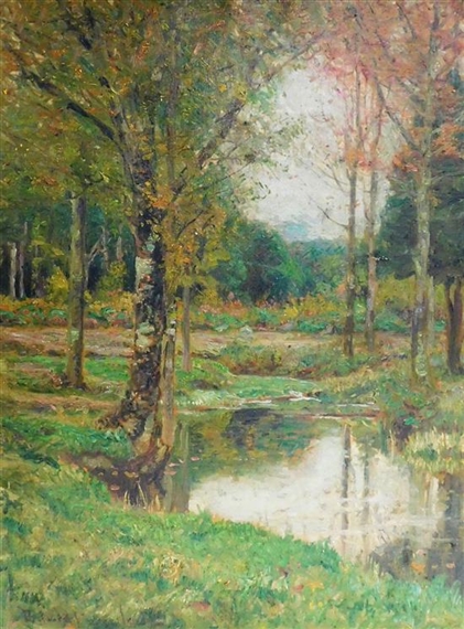 Fall landscape depicting a small tree-lined creek in heavily wooded meadow by Edward Parker Hayden, circa 1900