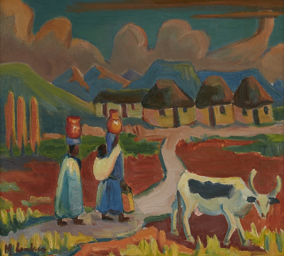 Landscape with Two Figures, a White Cow and Huts by Maggie Laubser