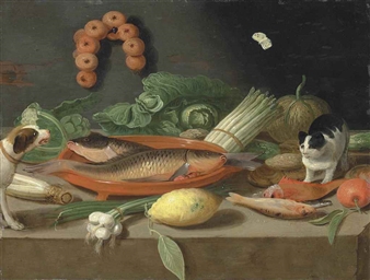 Carp in a terracotta dish, with oysters, asparagus, cabbage, onions, a lemon and other fish and vegetables, with a butterfly, a cat and dog, on a ledge - Pseudo Jan van Kessel II