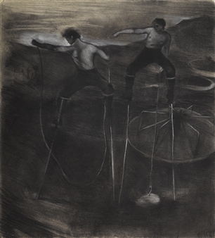 A monochromatic drawing of two figures balancing on stilts over a dark, textured landscape.
