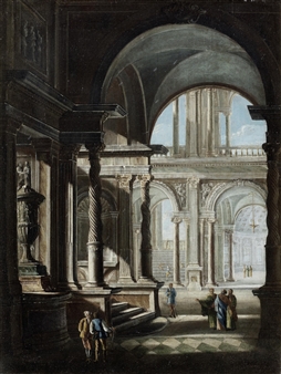 The interior of a palace with groups of figures in conversation - Filippo Gagliardi
