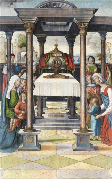 Figures worshipping at the shrine of Saint Stephen's relics by Juan Rodriguez de Solis