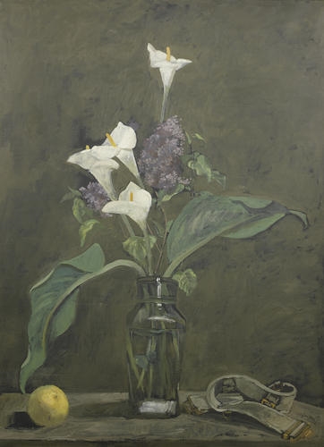 Still life: Arum lillies and irises in a vase, a lemon and a belt by Yannis Tsarouchis
