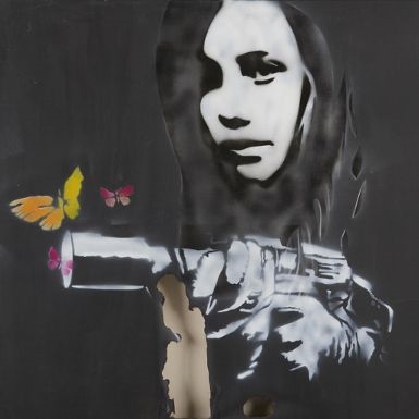 Artwork by Konny Steding, Fille au revolver, Made of Stencil on burned canvas