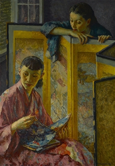 A painting of two figures in a room, one reading while the other leans over a partition.