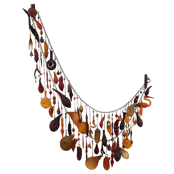 Artwork by Sabrina Knowles, Jenny Pohlman, Song in A-Minor I, (Tapestry Series), Made of blown glass, beads, brass, found objects on chain