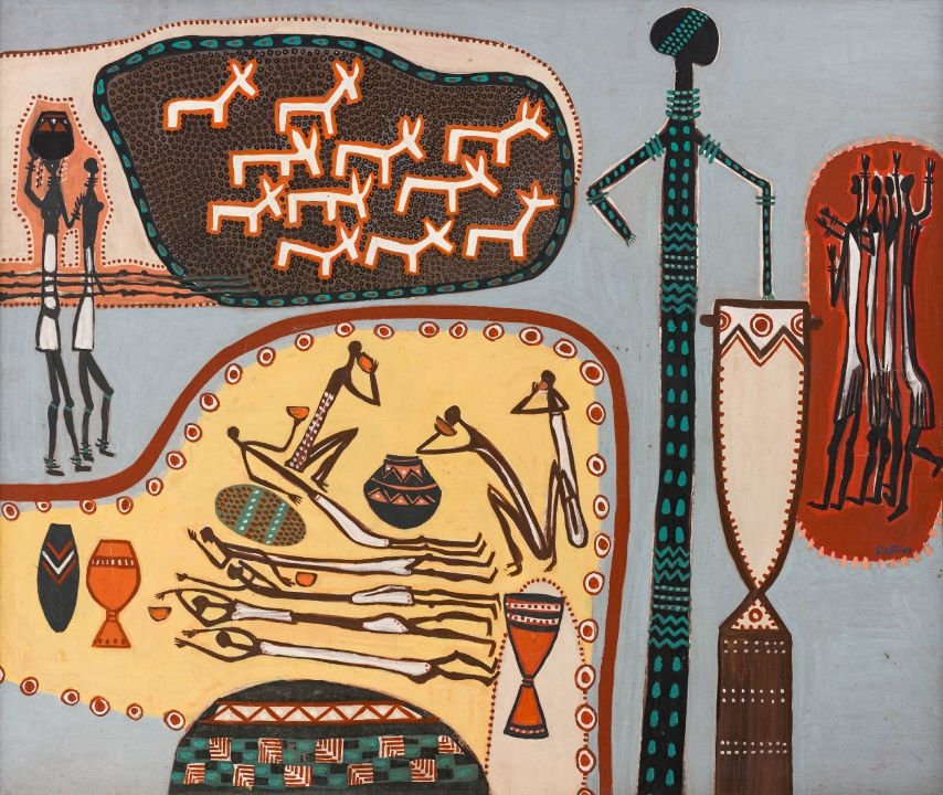 Artwork by Walter Whall Battiss, Rock Art Composition I, Made of oil on board