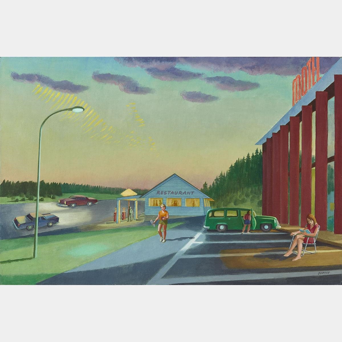 Artwork by Philip Henry Surrey, Motel at Dusk, Made of Oil on canvas
