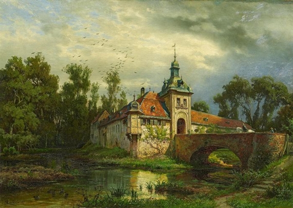 Moated Castle with Returning Horseman by August von Wille, 1871