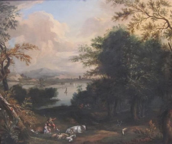 Drovers and animals in a meadow near trees, a river landscape with boats beyond, and distant town buildings by Jan van Kessel I