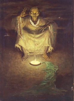 A hauntingly lit figure in tattered robes sits over a glowing orb, surrounded by dark shadows and a green cloth.