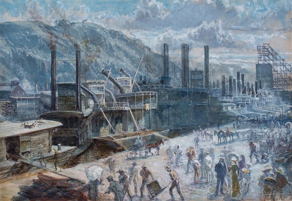 April - at work, the head of the Ohio River, Pittsburgh, Penna by American School, 19th Century, 19th Century