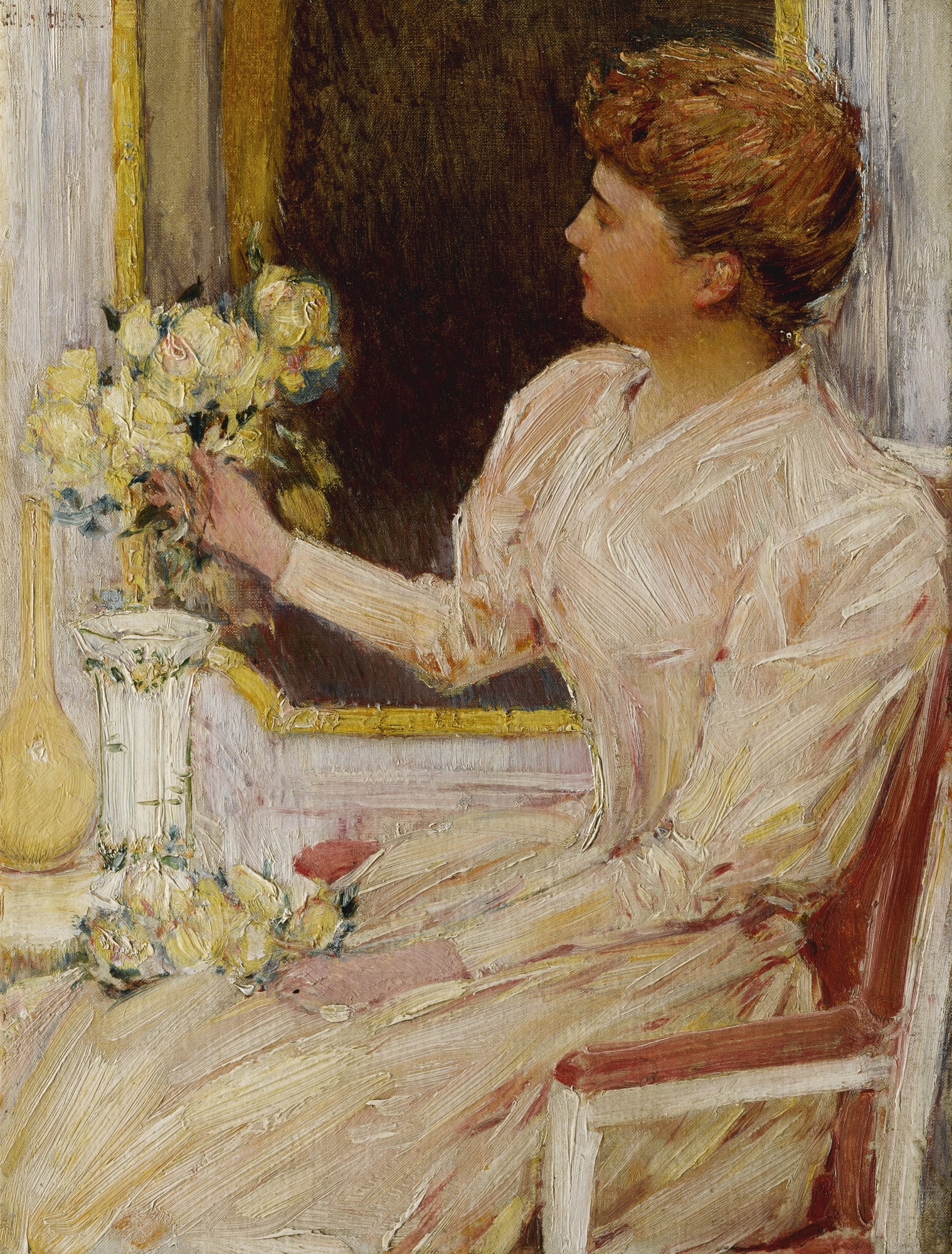 Artwork by Childe Hassam, THE LADY WITH YELLOW ROSES, Made of oil on canvas