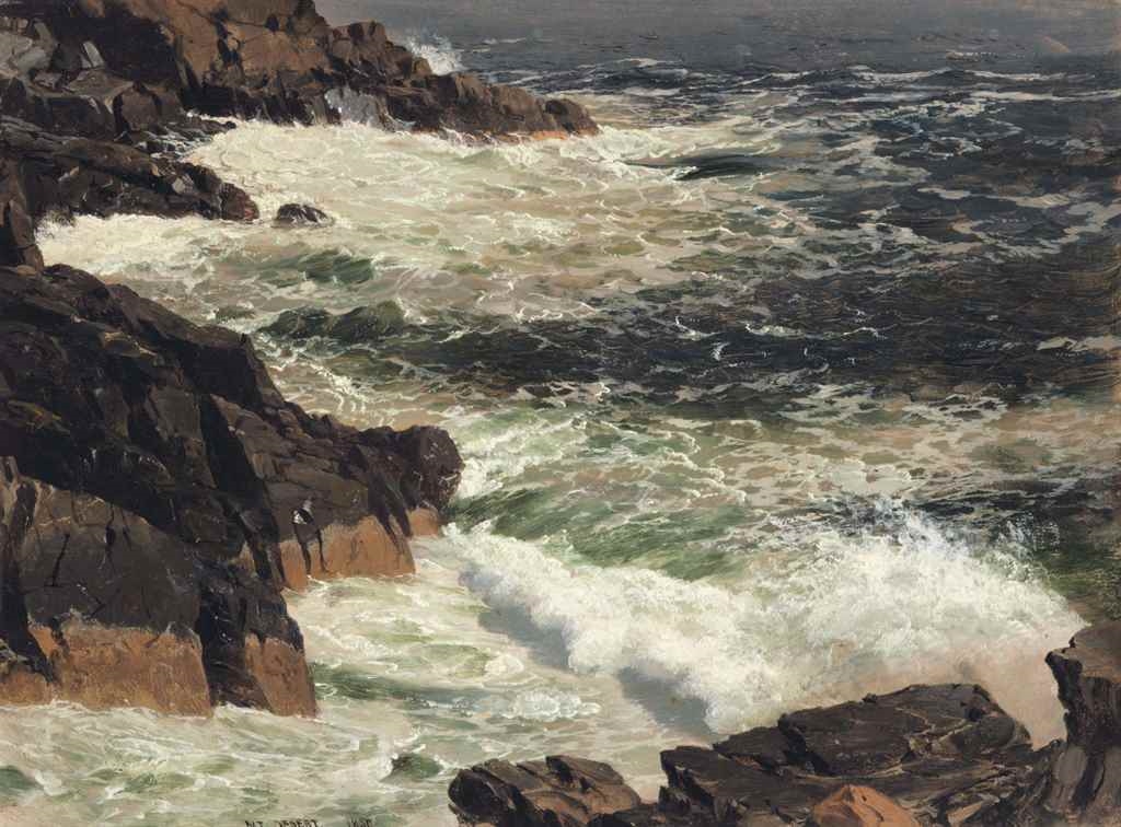Artwork by Frederic Edwin Church, Rough Surf, Mount Desert Island, Maine, Made of oil on board laid down on board