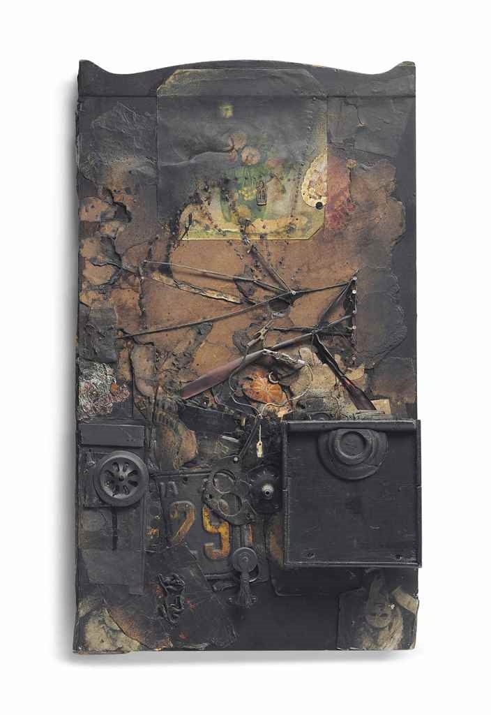 Artwork by Bruce Conner, Cannabis Collage, Made of oil, wood, metal and printed paper collage on panel