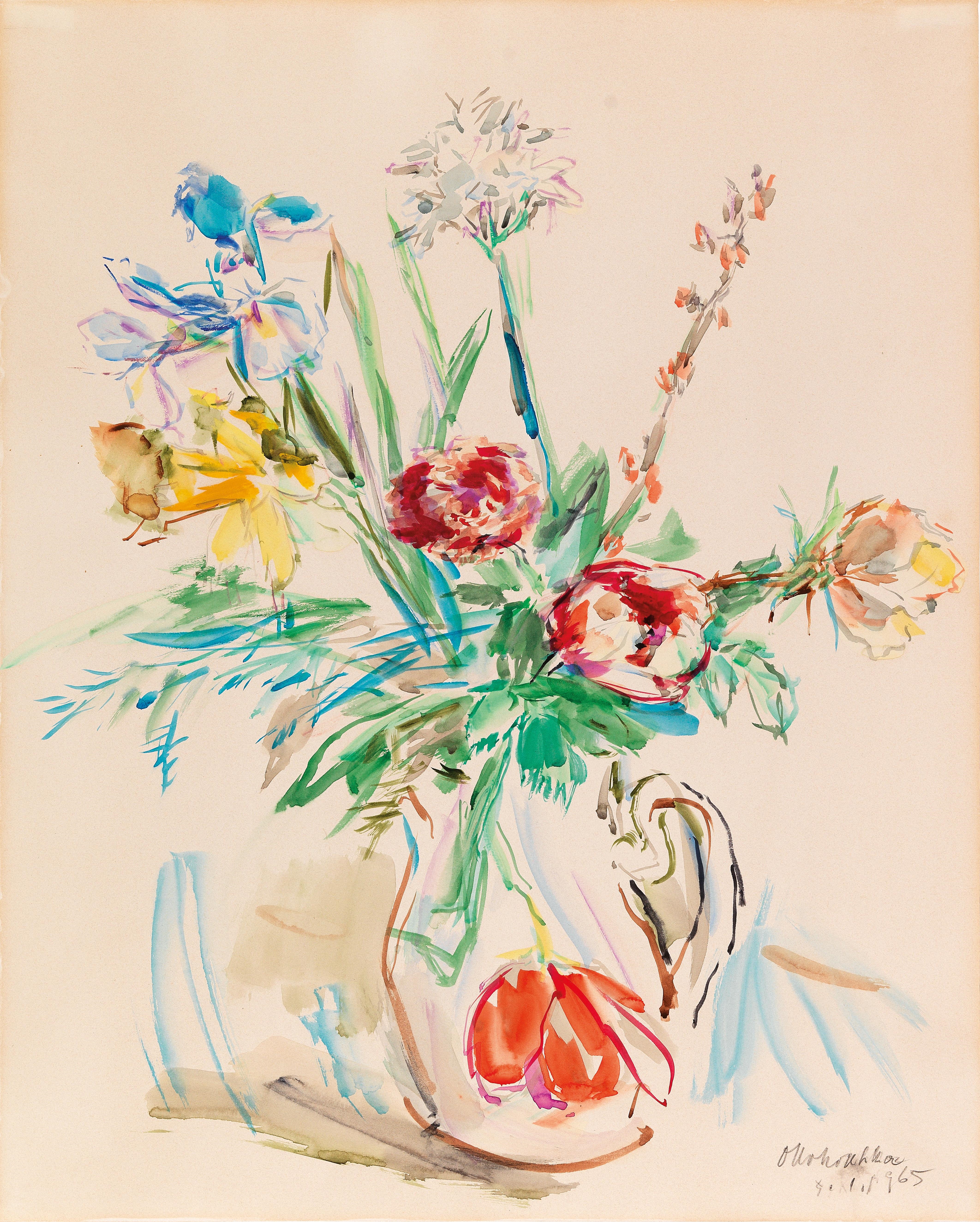 Artwork by Oskar Kokoschka, Bouquet with spring flowers (tulips, iris and daffodils), Made of watercolour on paper