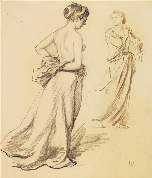 Stehende Frauen mit Gewandstudien by Ludwig von Hofmann, Circa 1919