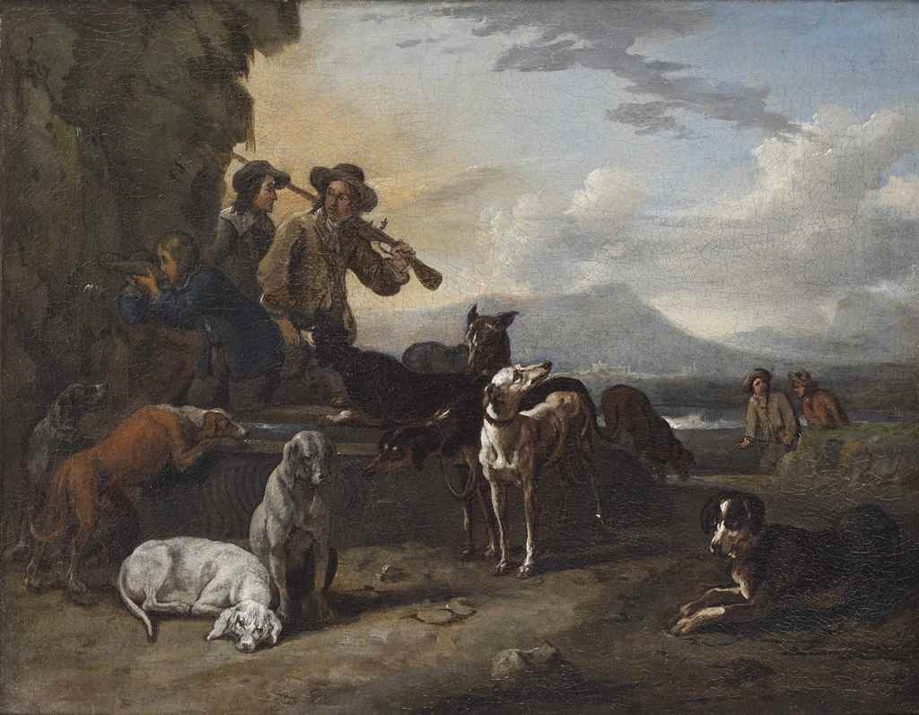 A hunting party with dogs resting by a well in a landscape by Abraham Hondius