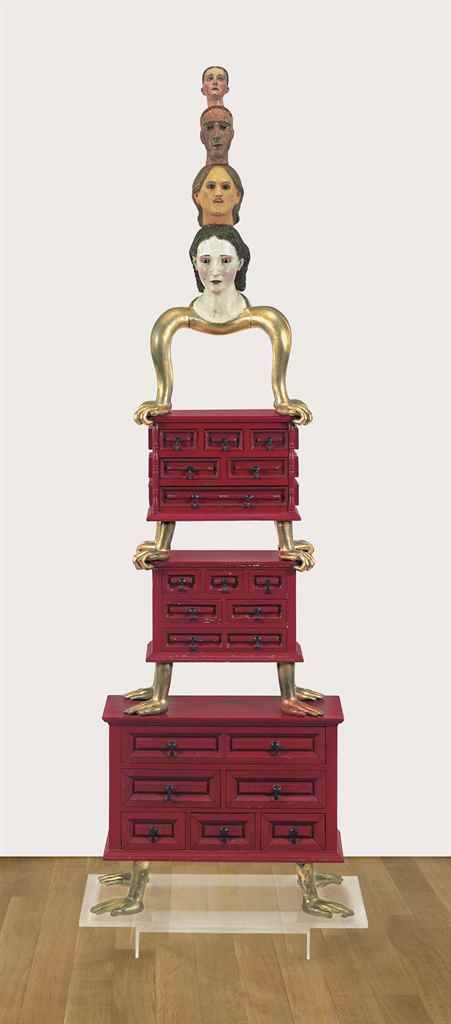 Artwork by Pedro Friedeberg, Untitled, Made of acrylic, gold leaf and metal hardware on carved wood with found objects